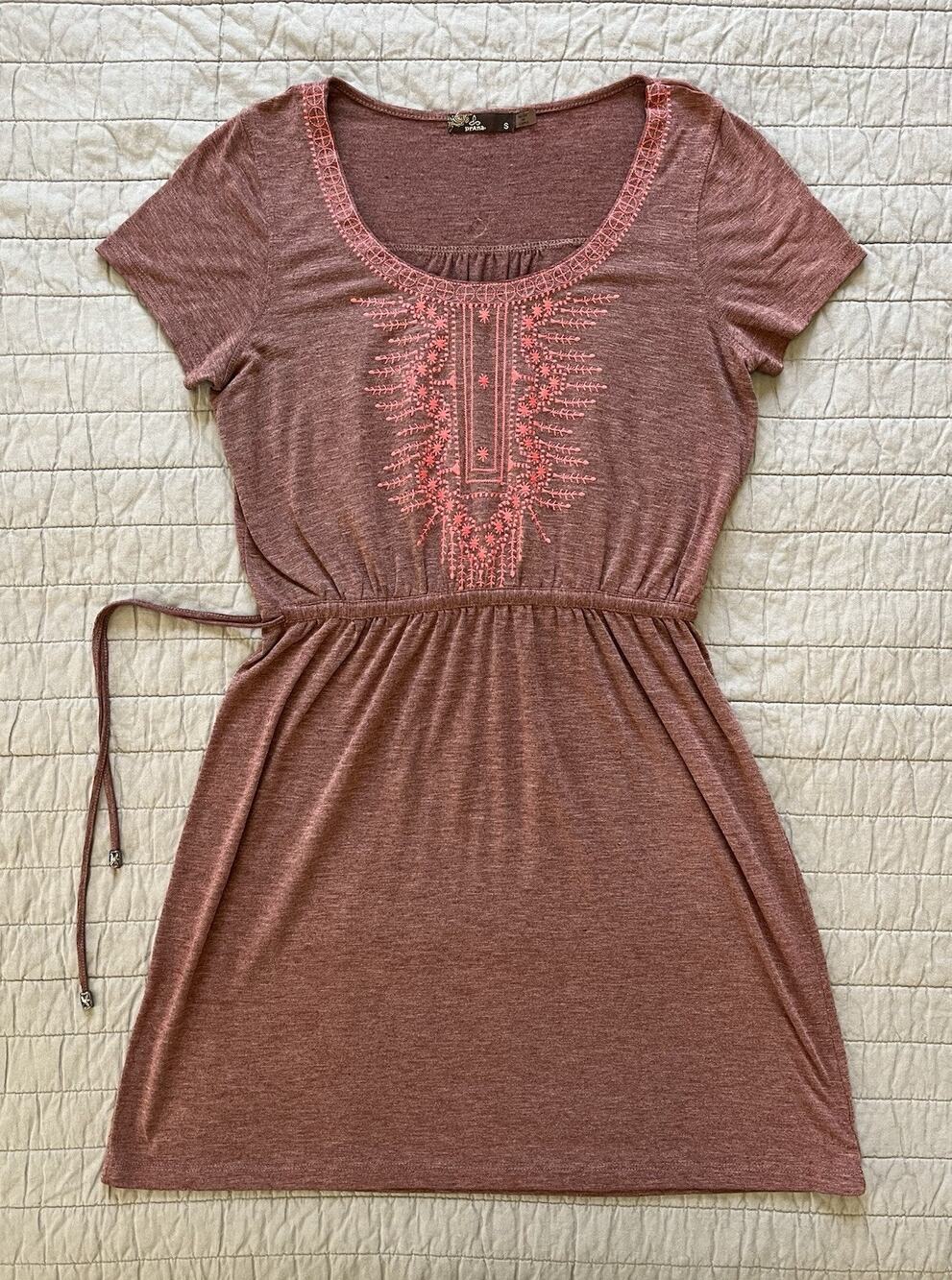 Prana Living Bess Dress Embroidered Plum Purple Pink Draw String Waist, Small
